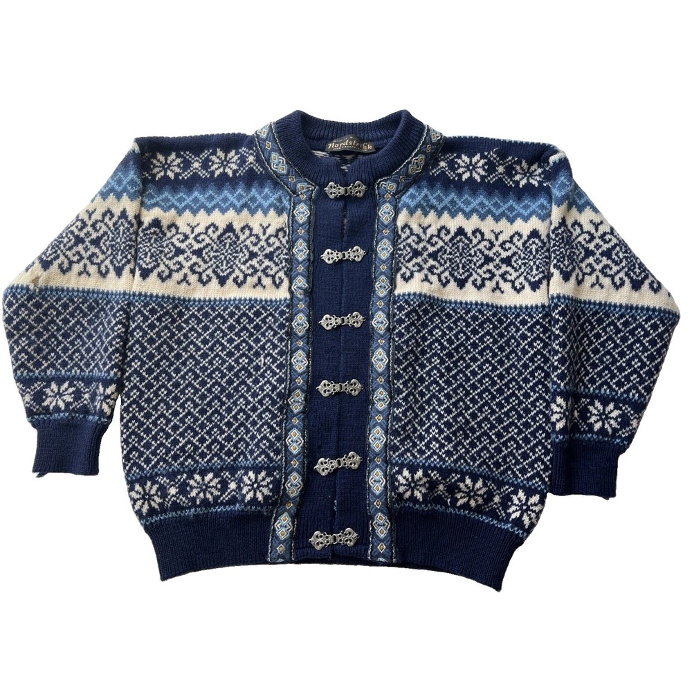 Nordstrikk Norwegian Cardigan Mens M Navy Blue Nordic 100% Wool Sweater FLAWS